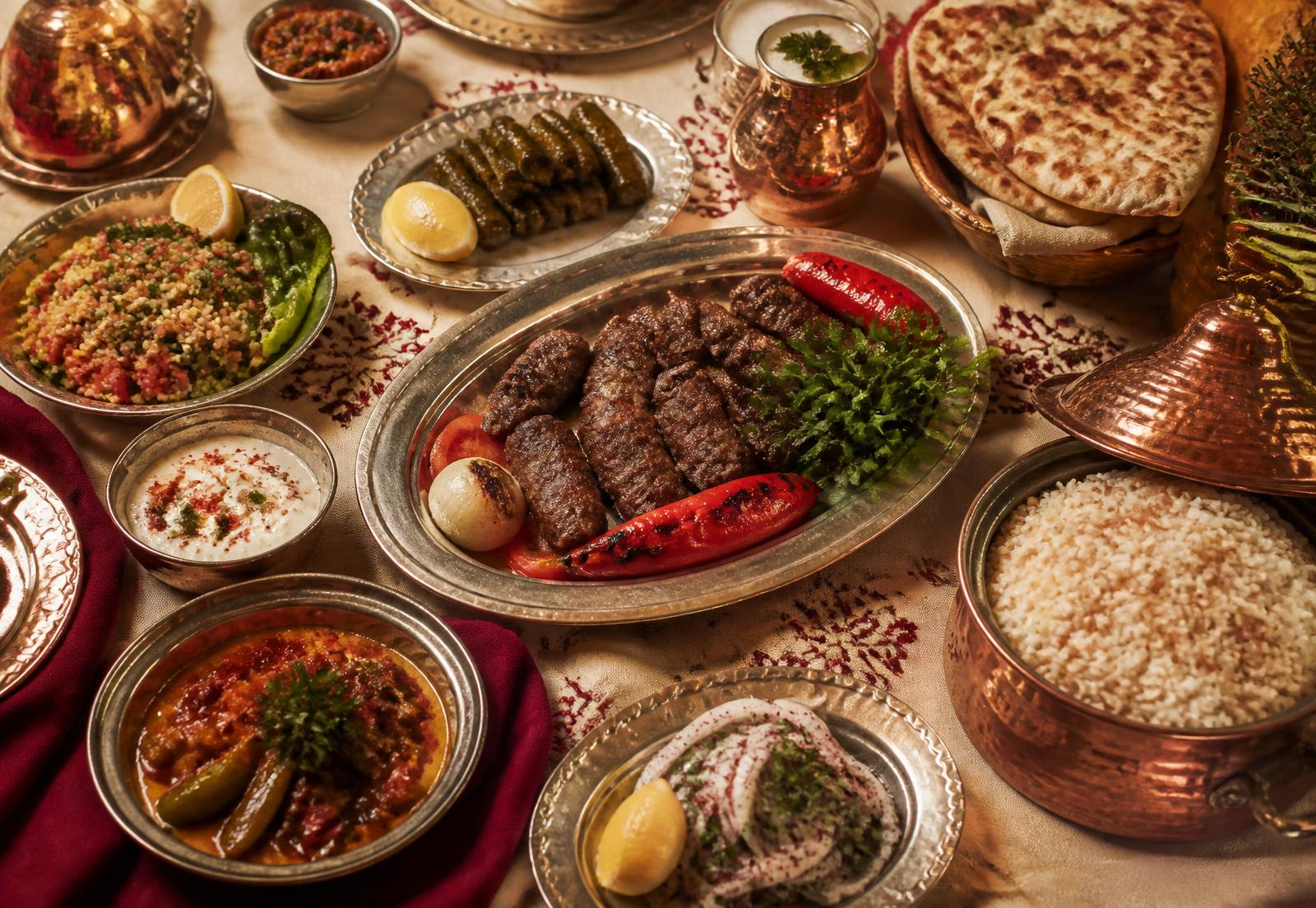 Turkish home-style feast with kebabs, meze and pilav